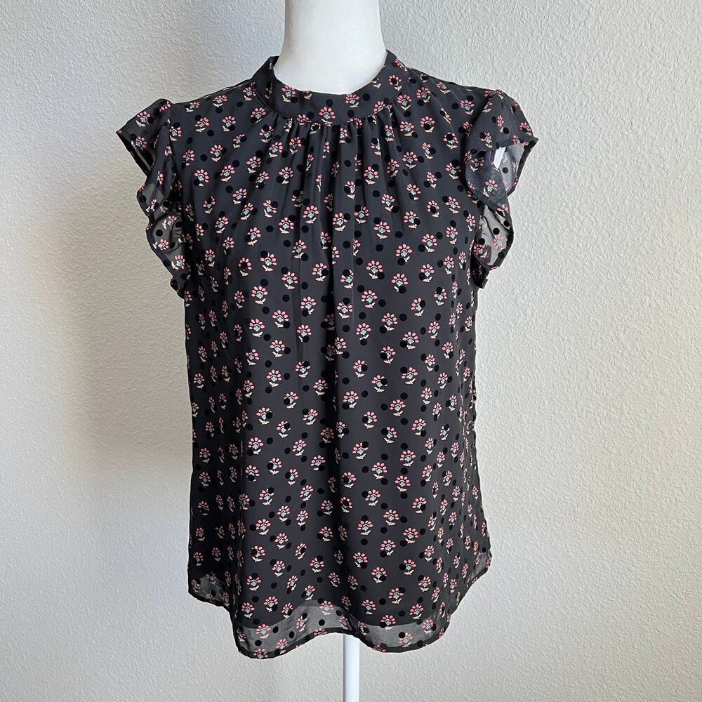 Dr2 Black Velvet Polka Dot Floral Back Tie Blouse Women's M Flutter Sleeve Top